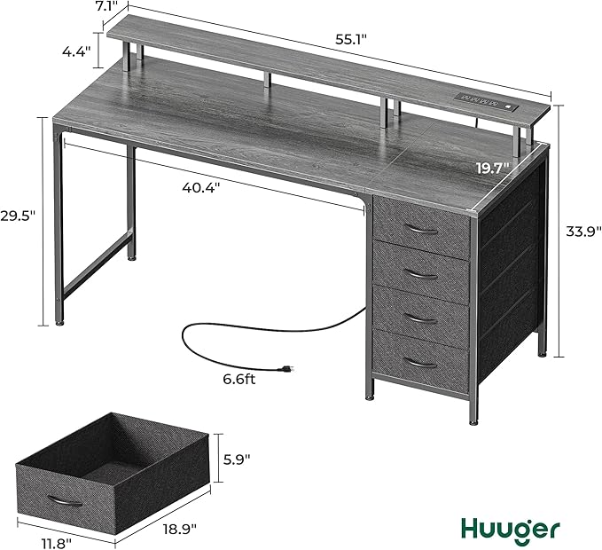 Huuger 55 Inch Computer Desk with Power Outlets and LED Lights, Gaming Desk with 4 Drawers, Office Desk with Monitor Stand, Study Work, Home Office, Gray