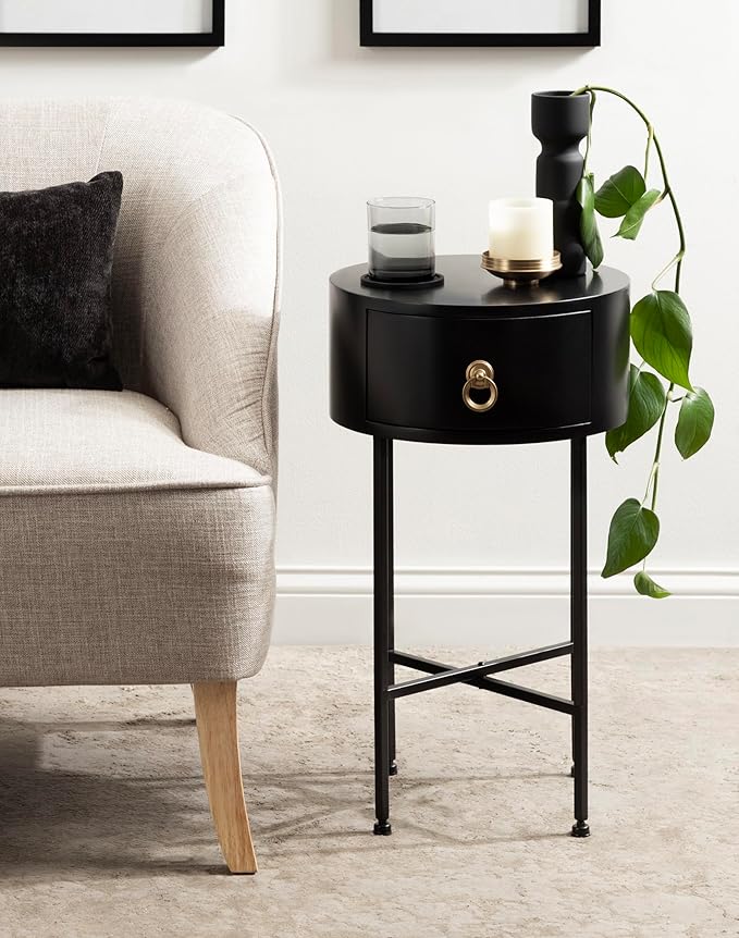 Kate and Laurel Decklyn Decorative Glam Round Side Table, 14 x 14 x 24, Black and Gold, Modern Circle Living Room Table with Pull Drawer for Useful Storage