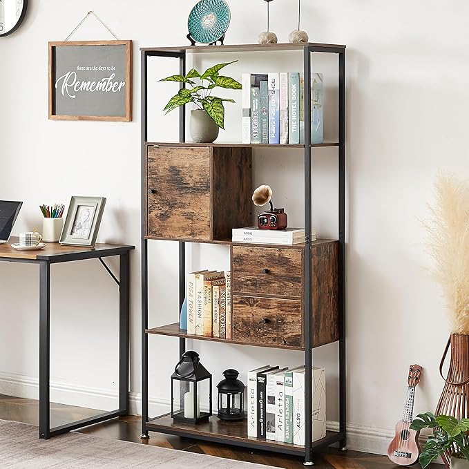 VECELO 5-Tier Bookshelf,Bookcase with 2 Storage Drawers and 1 Cabinet, Wooden Shelf with Metal Frame Open Book Shelves Standing Shelf Unit for Living Room, Bedroom,Office