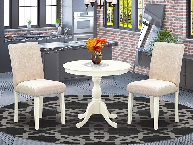 East West Furniture AMAB3-LWH-02 3 Piece Dining Room Furniture Set Contains a Round Dining Table with Pedestal and 2 Light Beige Linen Fabric Upholstered Chairs, 36x36 Inch, Linen White