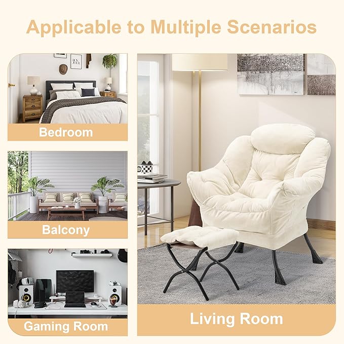 Fabric Lazy Chair with Ottoman, Oversized Upholstered Sofa Chair for Adults, Plush Comfy Lounge Chair with Large Side Storage Pocket, Reading Chair for Living Room, Bedroom, Study Room, Beige