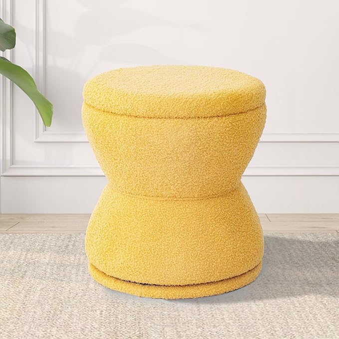 Ottoman with Storage, 360° Swivel Boucle Ottoman Vanity Stool, Upholstered Footstool with Storage Removable Lid, Modern Round Boucle Footrest Coffee Table for Living Room, Dorm, Makeup Room, Yellow