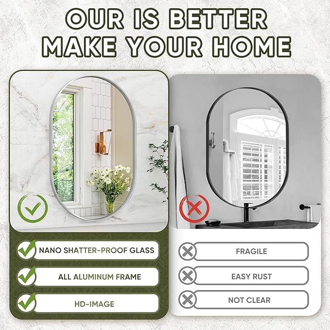 Suidia 22" x 30" Bathroom Mirror, Bathroom Vanity Mirror Metal Framed, Wall-Mounted Mirrors for Bedroom, Living Room, Entryway, Hallway, Silver, Oval Style