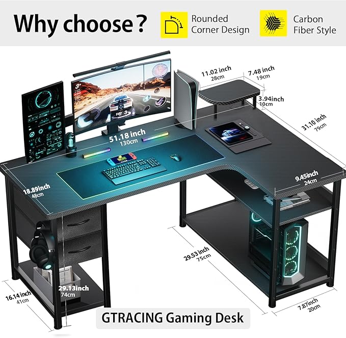 GTRACING Gaming Desk with Drawers, Carbon Fiber Style L Shaped Computer Desk Compatible with Monitor Arm Corner Desk Gaming Table for Home Office Desks, Easy to Assemble Adjustable Shelf Height