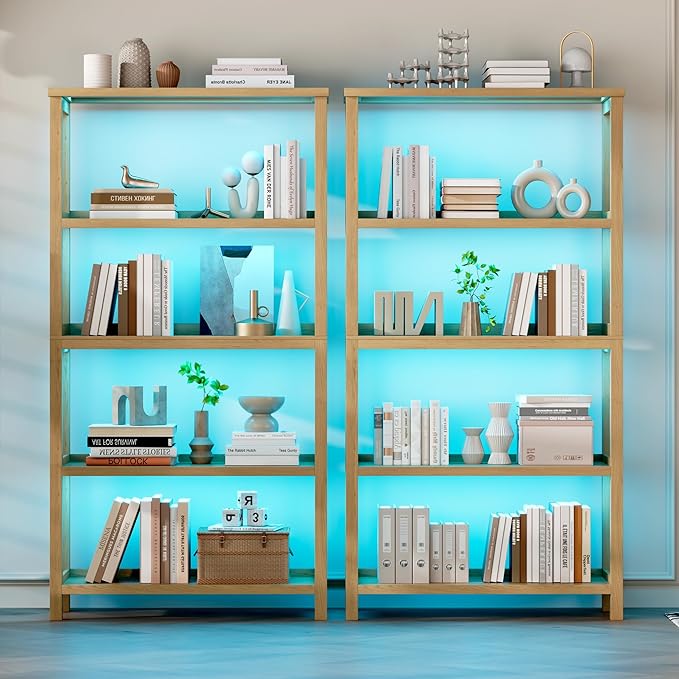 Vlsrka 5 Tier Wooden Bookshelf with Lights, 65" Tall Open Bookcase Storage Rack, Modern Bookshelf with Storage, Free Standing Display Book Shelves for Living Room, Home Office, Brown