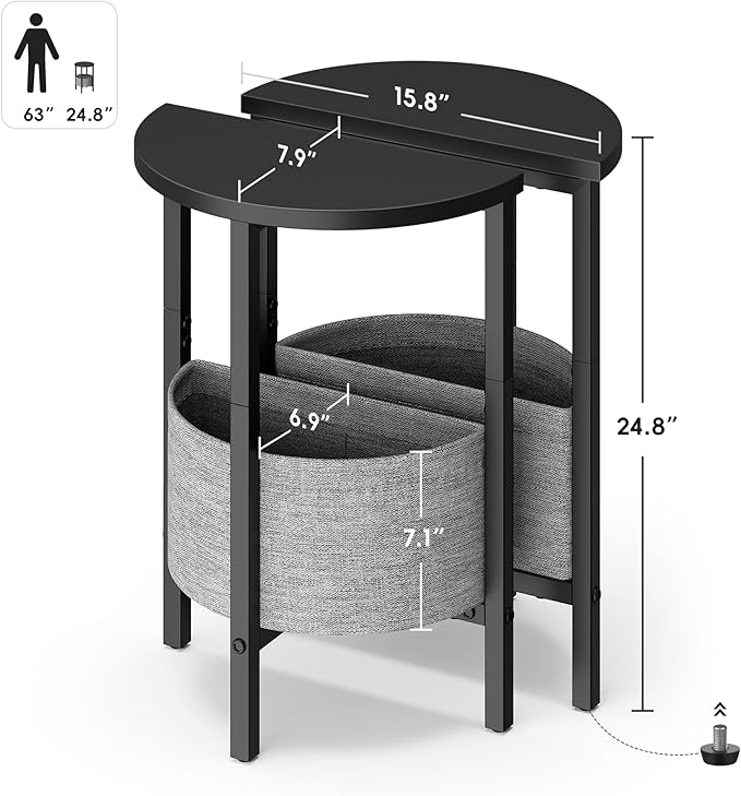 Vagusicc Small Round Side Table End Table, Tall Accent Table with Storage Basket, Set of 2 Half Round Tables Half Moon Tables, Coffee Bedside Tables, Modern Nightstand for Living Room Bedroom, Black