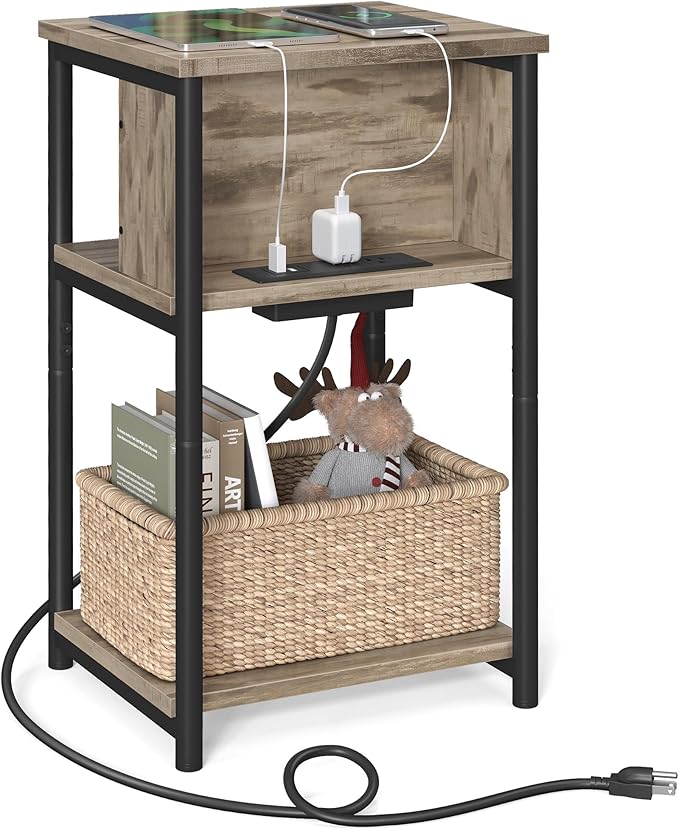 VASAGLE Side Table with Charging Station, 3-Tier End Table with USB Ports and Outlets, Nightstand for Living Room, Bedroom, 11.8 x 13.4 x 22.8 Inches, Plug-in Series, Camel Brown and Black