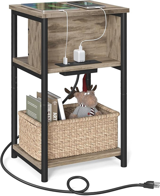 VASAGLE Side Table with Charging Station, 3-Tier End Table with USB Ports and Outlets, Nightstand for Living Room, Bedroom, 11.8 x 13.4 x 22.8 Inches, Plug-in Series, Camel Brown and Black