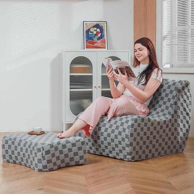 Giant Bean Bag Chair for Adults with Ottoman, Teddy Fabric Beanbag Chair with Memory Foam Filled,Plush Lazy Floor Sofa with Footstool Couch for Living Room,Bedroom,Dorm, Apartment, Grey