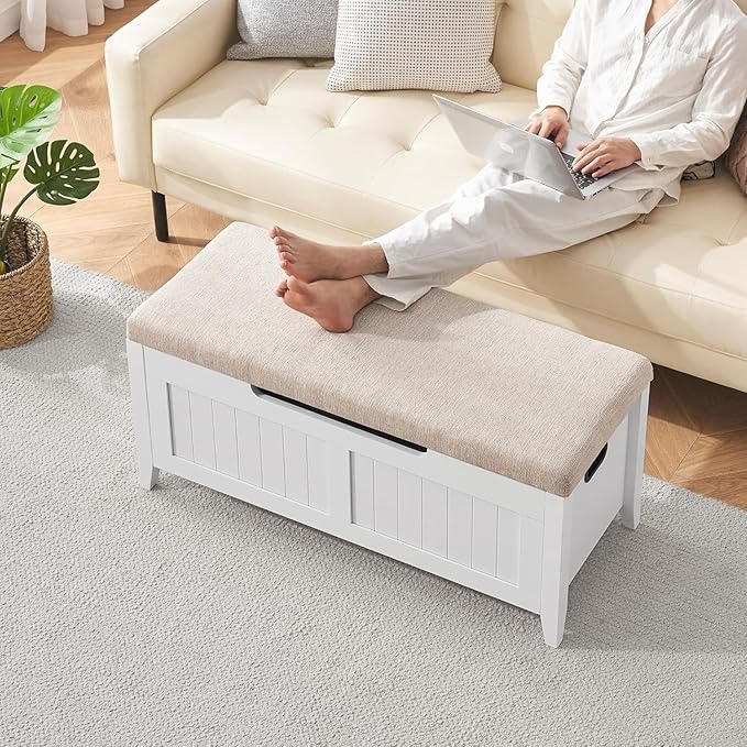 GAOMON 39.4" Storage Benches Entryway Bench with Cushion, 2 Safety Hinges, Storage Trunk, Shoe Bench Storage Chest for Entryway, Living Room, Bedroom, White