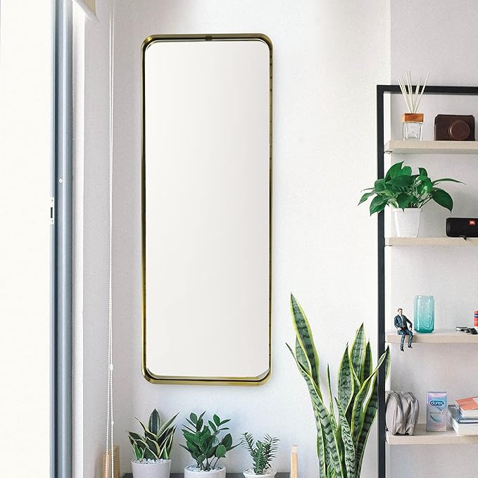 Gold Rectangular Mirror 48 inch Tall | Wall Mounted or Free Standing Floor Mirror | Full Size with Stainless Steel Frame and Rounded Corners | Full Length Mid Century Modern Design by Wall Charmers