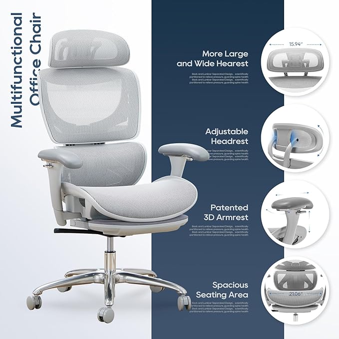COLAMY Ergonomic Mesh Office Chair with Footrest, Executive High Back Computer Desk Chair with Wide Headrest and Adjustable 3D Arms, Backrest Height, Tilt Lock and Lumbar Support, Grey
