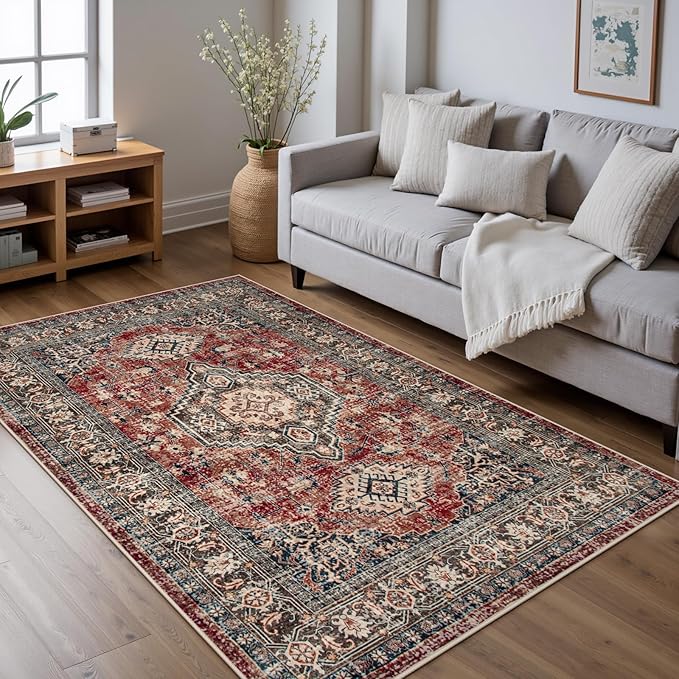 Lahome Oriental Washable Rugs for Bedroom, 4X6 Soft Living Room Rug Ultra-Thin Non-Slip Stain Resistant Vintage Low-Pile Throw Carpet for ‎Office Entryway, Brick Red