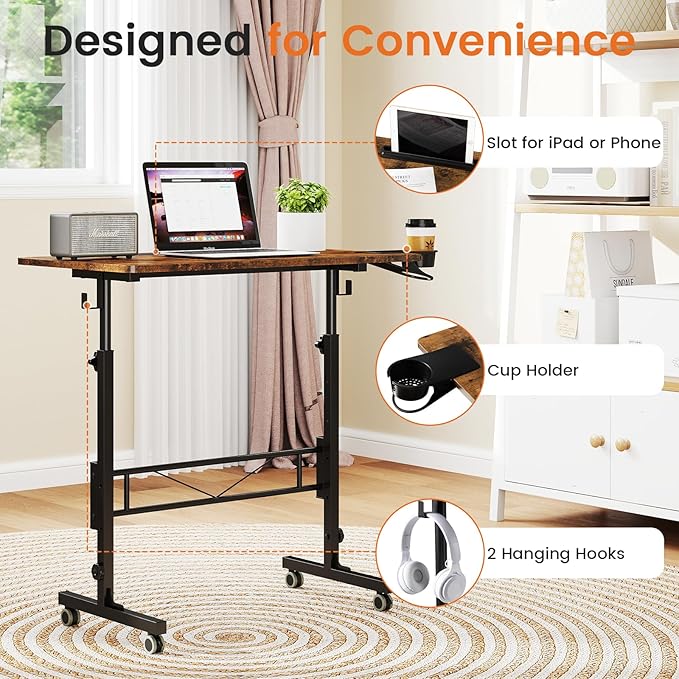 Hadulcet Small Standing Desk Adjustable Height, Rolling Desk for Standing or Sitting, Portable Computer Desk for Walking Pad, Rustic Brown