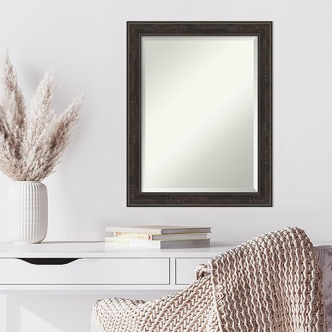 Amanti Art Brown Wall Mirror 28x22 Shipwreck Greywash Narrow Rectangle Bathroom Mirror for Wall Decor Living Room, Medium Traditional Frame, Hangs Horizonally and Vertically, Bathroom Decor, Beveled
