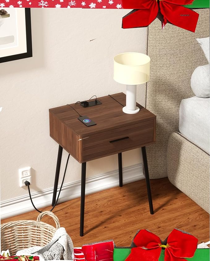 HAIOOU Mid Century End Table with Charging Station, Modern One Drawer Nightstand Side Table with Premium Matte Black Handle and Pine Wood Legs for Home Bedroom Living Room