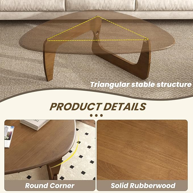 Mid Century Modern Coffee Table, Solid Wood Triangle Coffee Table for Living Room, Modern Tea Table for Home, 43.3x30.7x16.5