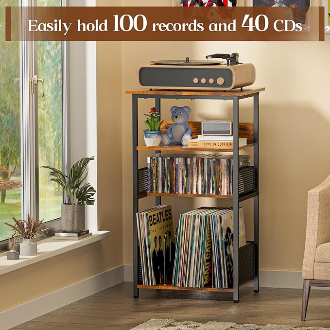 Record Player Stand with Storage Up to 100 Albums and 40 CDs, 4 Tier Vinyl Record Storage for Living Room, Turntable Stand with Record Holder & Display Shelf