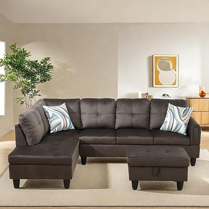 NAYSAYE Sectional Couch with Ottoman Storage, L Shaped Couch Sofa Furniture Sets, Modern Comfy Modular Comfy Sofa for Living Room Bedroom, Office and Apartment, Brown