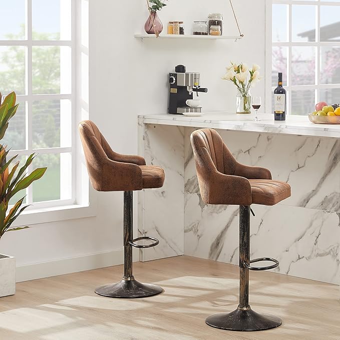 VECELO Bar Stools Set of 4, Adjustable Barstools, Counter Height Stools with Back and Arm, Kitchen Island Stools, Swivel PU Chairs for Pub, Dining Room, Industrial Style, Brown