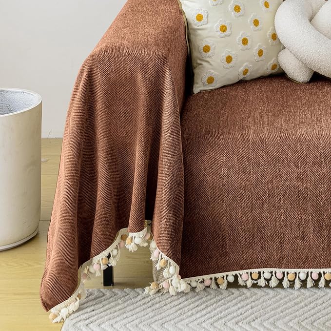 HANDONTIME Boho Style Sofa Cover with Tassels, Washable & Non-Slip Couch Cover for 3 Cushion Sofa, Herringbone Pattern Pet-Friendly Sofa Slipcover, Chocolate Color, 91"x134", Living Room Decor