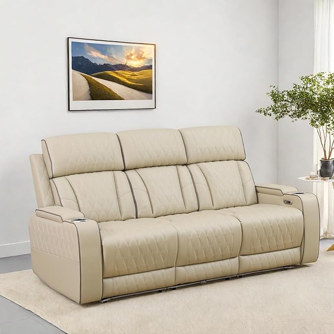 Leather Recliner Sofa Couch, 3-Seater Home Theater Seating Reclining Sofa, Power Reclining Couch with Cup Holders & Drop Down Table for Living Room Furniture Sets, Khaki