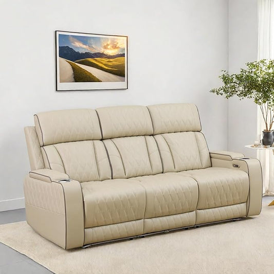 Leather Recliner Sofa Couch, 3-Seater Home Theater Seating Reclining Sofa, Power Reclining Couch with Cup Holders & Drop Down Table for Living Room Furniture Sets, Khaki