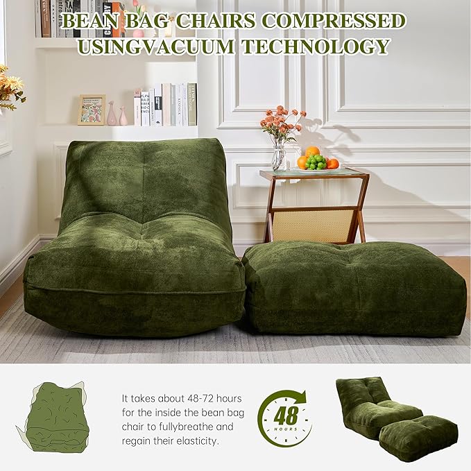 Bean Bag Chair with Ottoman, Comfy Bean Bag Sofa with Memory Foam, Lazy BeanBag Sofa with Footstool, Fireside Bean Bag Couch for Living Room, Bedroom, Apartment (Green)
