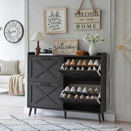 Shoe Storage Cabinet,Farmhouse Shoe Organizer with 4 Flip Drawers & Barn Door Design,Freestanding Hidden Slim Narrow Shoe Rack Cabinet for Entryway,Foyer,Hallway,Black