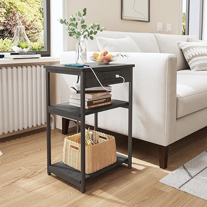 TUTOTAK End Table with Charging Station, Nightstand, 3-Tier Couch Side Table with USB Ports and Outlets, Bedside Table for Small Space, Living Room TB01BK026