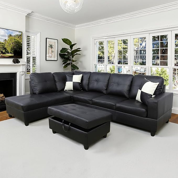NicBex Sectional Couch 3 Pieces Sofa Set with Right Chaise Faux Leather L Shaped Cloud Couch for Living Room Furniture Sets with Storage Ottoman, Modular Sofa for Living Room & Apartment, Ink Black