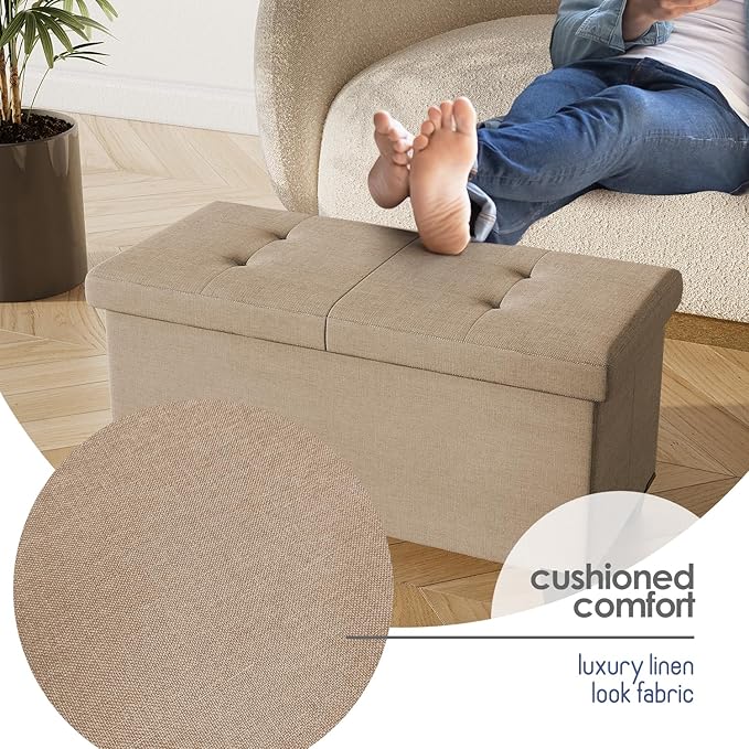 STORAGEBUD Storage Ottoman Bench with Bins, 30-in Storage Bench for Bedroom End of Bed, Folding Foot Rest Ottoman for Living Room Max 660lbs, Fabric Ottomans, Taupe
