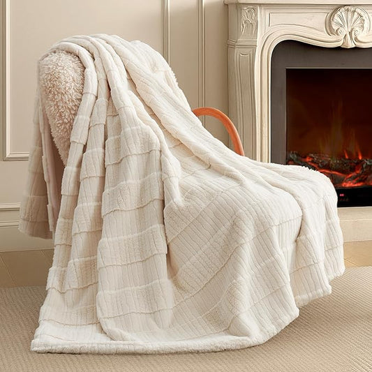 Amélie Home Luxury Striped Faux Fur Throw Blanket for Couch, Embossed Split Fur Cozy Fuzzy Fluffy Luxurious Soft Plush Sofa Chair Bed Gift Blankets for Women Men Wife Friend, 88"x90", Ivory