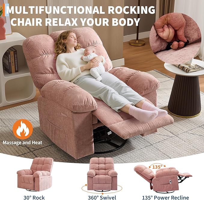 Rocking Recliner Chair with Vibration Massage & Heat, 360° Swivel Oversized Rocker Recliner with Side Pocket for Living Room, Bedroom & Nursery