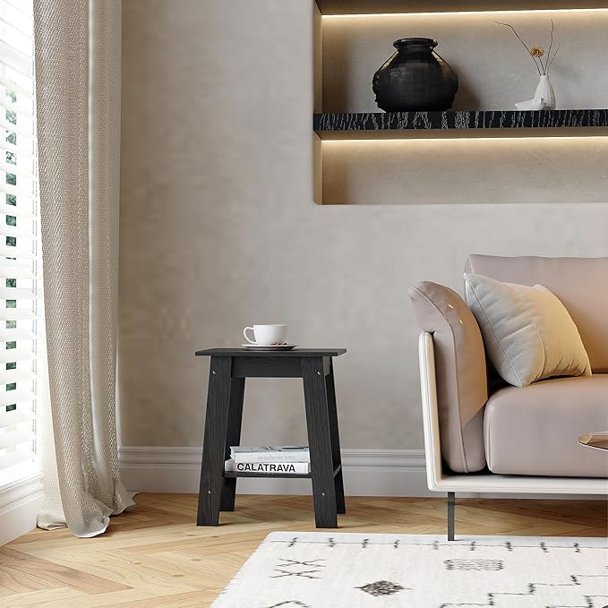 End Table with Double Storage Shelves, Small Space Side Table for Farmhouse Bedroom, Studio Apartment, Entryway， Brown