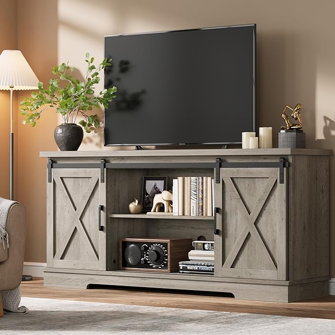 CABIHOME Farmhouse Tv Stand for 65 Inches TVs, Entertainment Center with Storage and Sliding Barn Doors, Adjustable Shelf Modern Media TV Console TV Stand Table for Living Room, Bedroom, Grey