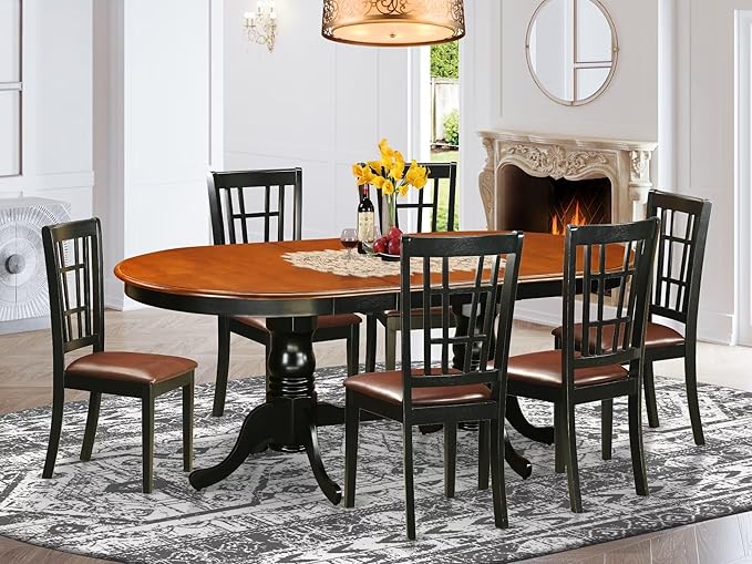 East West Furniture PLNI7-BCH-LC 7 Piece Modern Dining Table Set Consist of an Oval Wooden Table with Butterfly Leaf and 6 Faux Leather Dining Room Chairs, 42x78 Inch, Black & Cherry