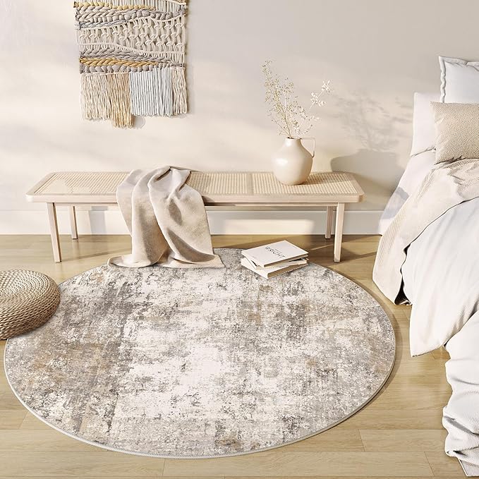 4x4 Washable Round Rug Brown Grey Neutral Abstract Entryway Non Slip Low Pile Area Rug Living Room Bedroom Indoor Doormat Soft Carpet for Entrance Bathroom Office Kitchen