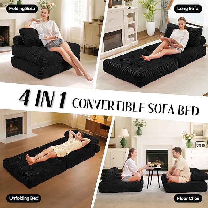 HABUTWAY Folding Sofa Bed, Convertible Sleeper Chair Bed w/Dual-Pillow & Handle, Foldable Floor Sofa Lounge w/Back Support for Living Room, Bedroom, Apartment, Office, Black