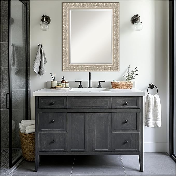 Amanti Art Silver Bathroom Mirror for Over Sink, 29x35 Luxe Silver Cream Rectangle Vanity Mirror, Large Traditional Frame, Hangs Horizonally and Vertically, Bathroom Wall Decor, Beveled Edge