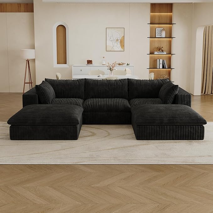 Down Filled Boneless Sectional Sofa Cloud Couch with Movable Ottomans, 118 inch Convertible U Shaped Lounge Couch w/Deep Seat, Fluffy Corduroy Upholstered Compress Modular Sofa