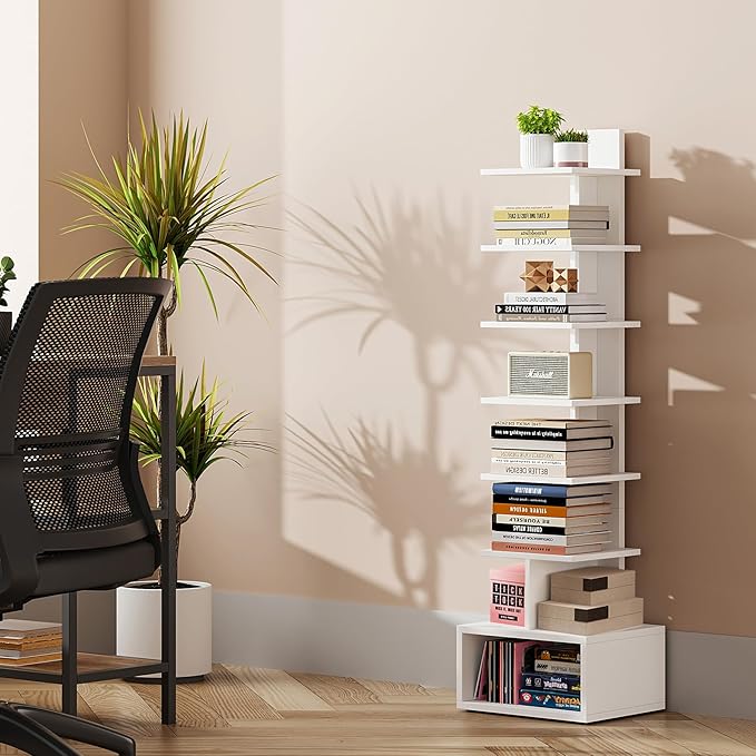 TUTOTAK Narrow Bookshelf, Vertical 8-Tier Bookcase, Spine Book Shelf for Small Space, Small Standing Shelf for Living Room, Office, Study, Entryway, White BS07BW008