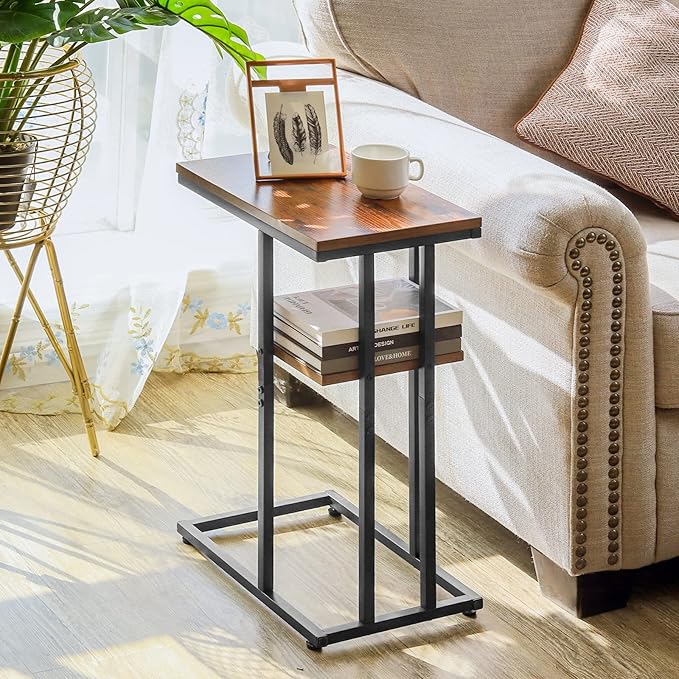 Yoobure C Shaped End Table, Side Table for Couch and Bed, Small Side Tables for Small Spaces, Living Room, Bedroom, Rustic Snack Tables