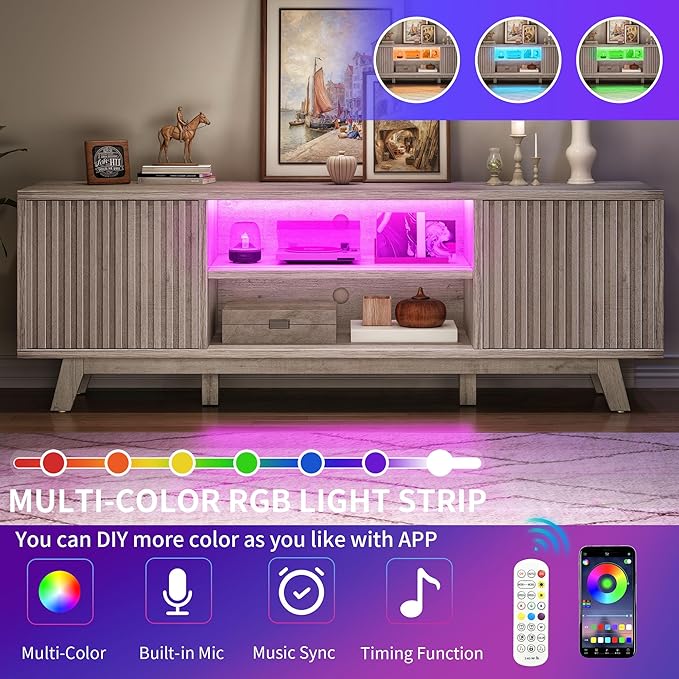 YITAHOME Television Stand for Living Room, Fluted TV Stand with LED Light for 65/55 Inch TV, Mid Century Modern Entertainment Center Media Console TV Cabinet with Adjustable Shelves, Light Oak