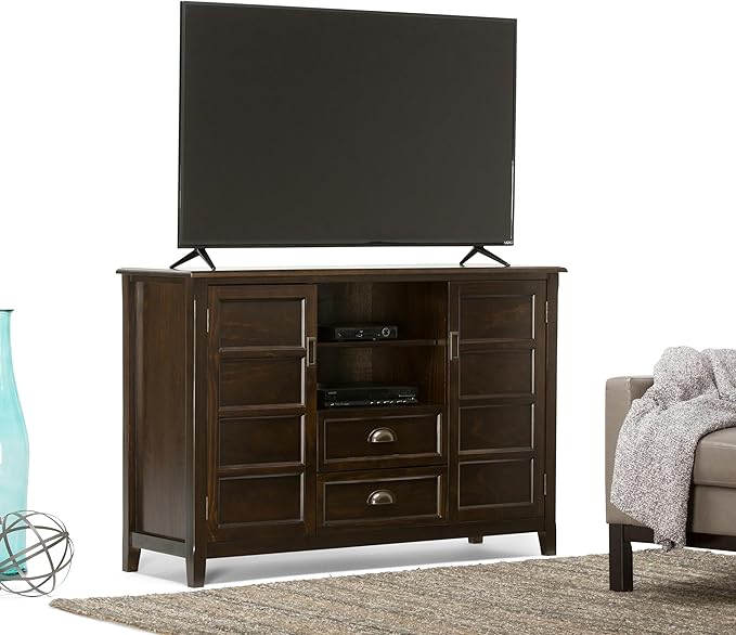 SIMPLIHOME Burlington SOLID WOOD 54 inch Wide Transitional TV Media Stand in Mahogany Brown For TVs up to 60 inches for the Living Room and Entertainment Center