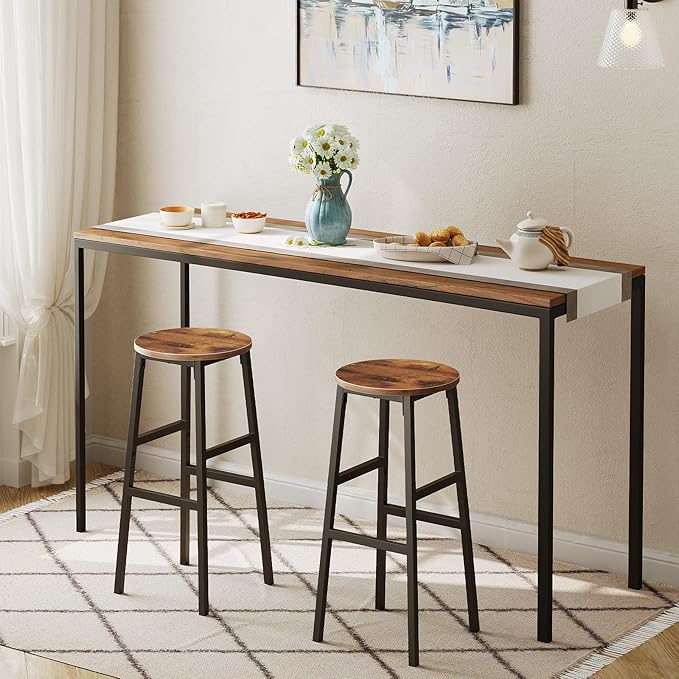 Bar Stools, Set of 2 Round Bar Chairs with Footrest, 28 Inch Kitchen Breakfast Bar Chairs, Industrial Bar Stools, Easy Assembly, for Dining Room, Kitchen, Rustic Brown BAHR02701