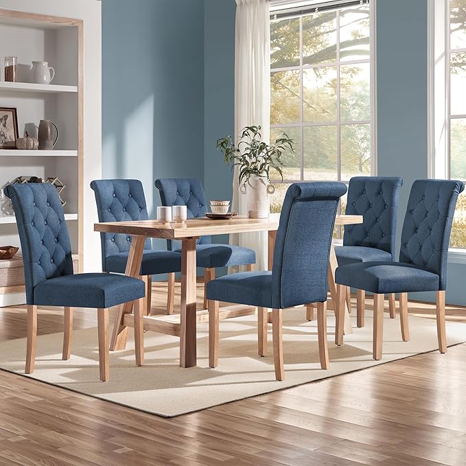 Yaheetech Dining Chairs Set of 6 Fabric Upholstered Dining Room Chairs with Button Tufted High Back and Solid Wood Legs for Kitchen/Living Room/Restaurant, Modern Style, Blue