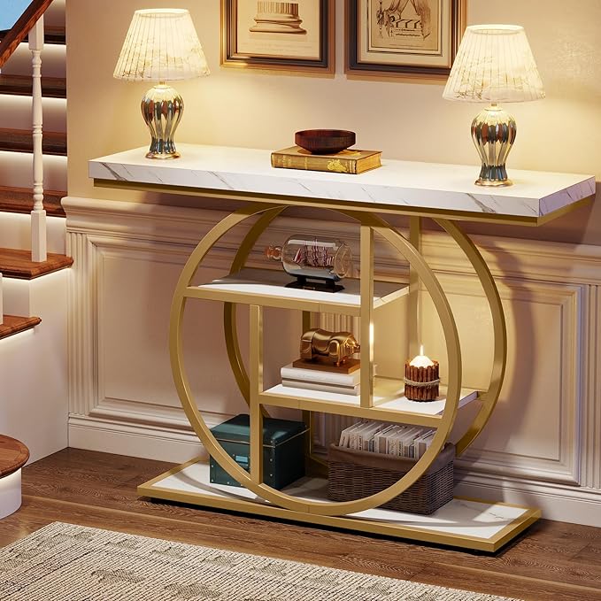 Tribesigns 41.3" Console Table, Industrial 4-Tier Sofa Entryway Table with Circle Base, Narrow Wood Accent Tables with Storage Shelves for Living Room, Hallway, Foyer, White Gold