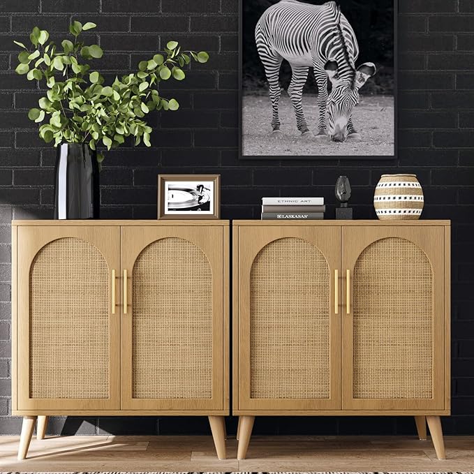 Rovaurx Rattan Storage Cabinet with Doors, Modern Accent Bathroom Floor Cabinet, Sideboard Buffet for Living Room, Entryway, Dining Room and Kitchen, Natural BMGZ108M