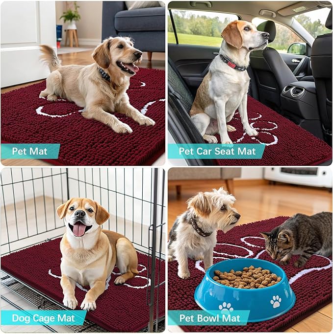 OLANLY Door Mat for Muddy Dog Paws 70x46, Ultra Absorbent Chenille Mud Doormat with Paw Print Design, Non-Slip Washable Doormat for Indoor Entryway, Quick-Dry Pet Bed Mats for Dirty Dogs, Burgundy